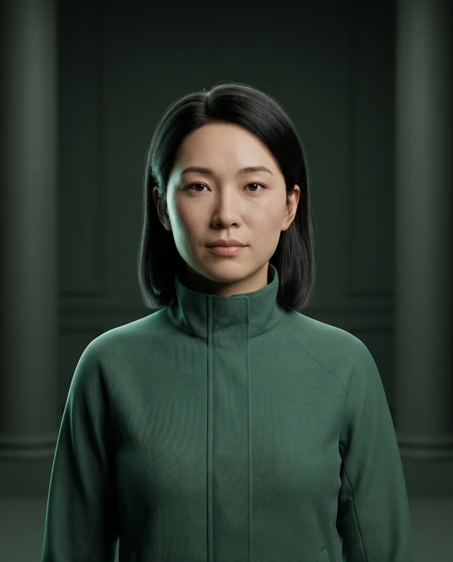 用于演示 WellBridge AI 视觉模型流程的虚构人工智能数字人物主持