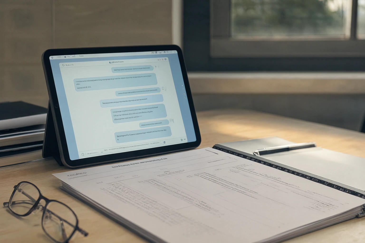 A tablet propped beside a printed report on a desk, showing an assistant conversation panel.