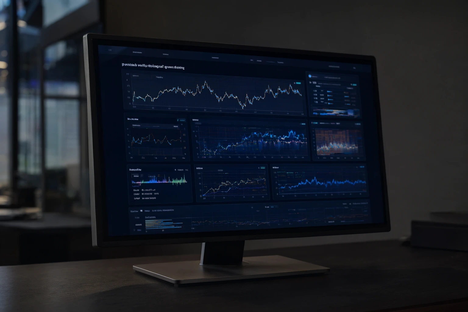 A monitor on a dark desk showing a risk dashboard: position and exposure panels, a scenario heat grid and a chart lit in blue.