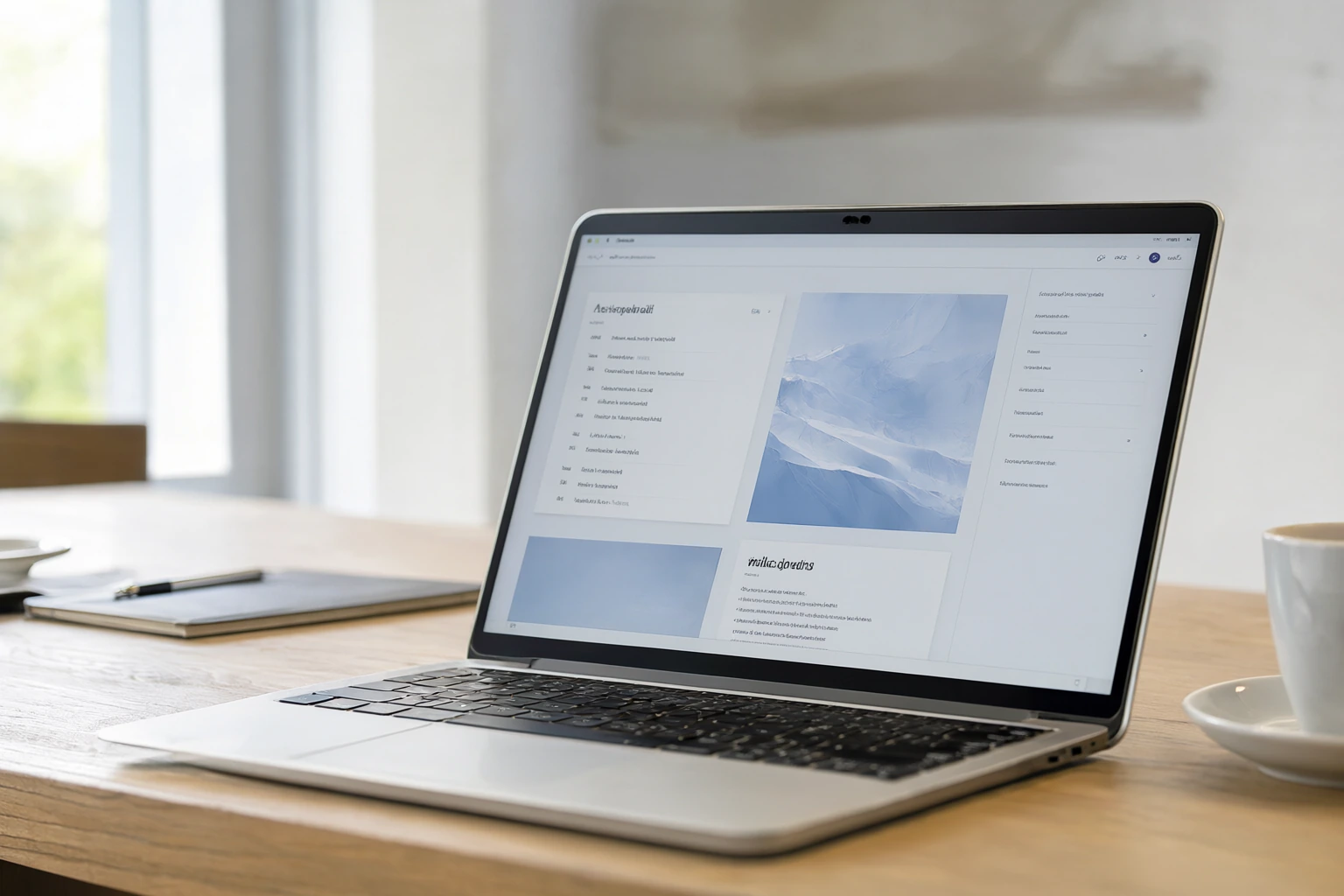 A slim laptop open on a pale oak desk showing a portfolio dashboard in soft blue and white.