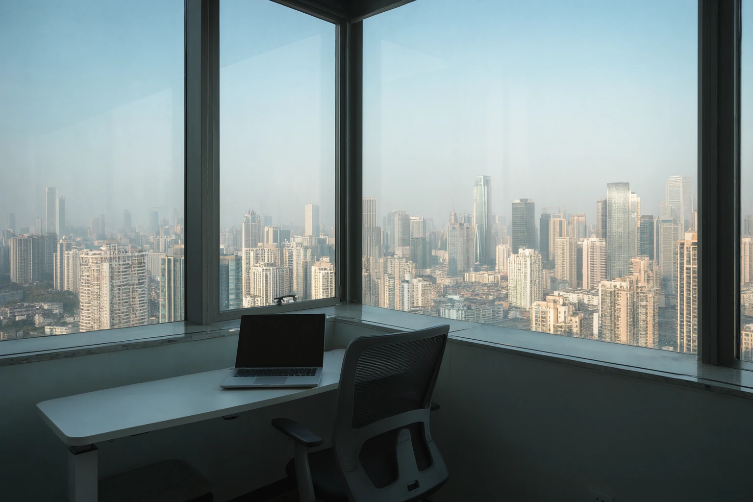 A corner office desk and chair facing a wall of windows, a dense city skyline in hazy morning light beyond.