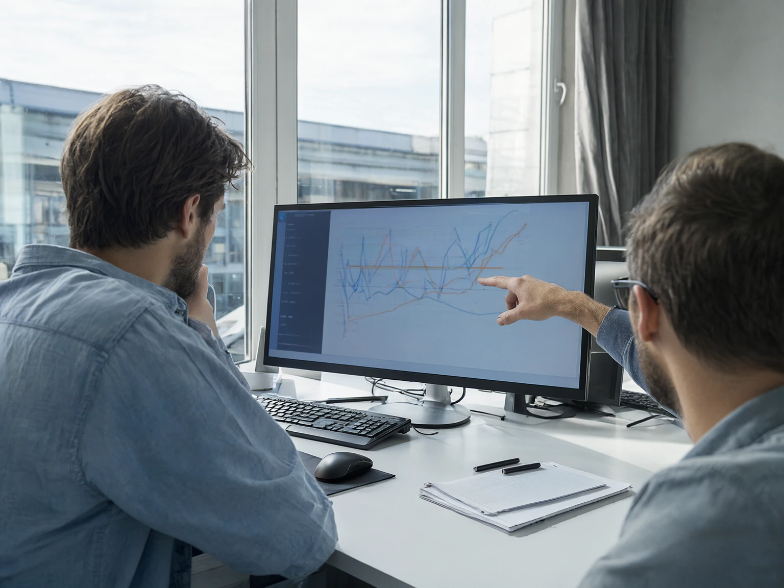 Two analysts seated at a desk beside a tall window, one pointing at a monitor showing abstract multi-line charts in blue and orange.