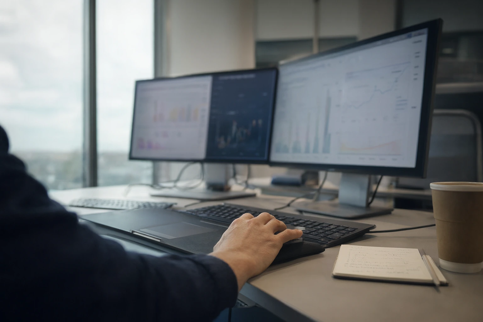 Over-the-shoulder view of an analyst at a long desk, two monitors showing soft out-of-focus charts, daylight from a tall window.