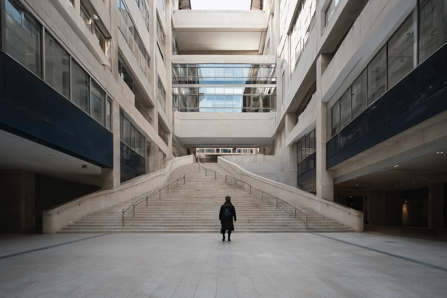 A contemporary office atrium with a pale stone staircase sweeping up beneath double-height glazing.