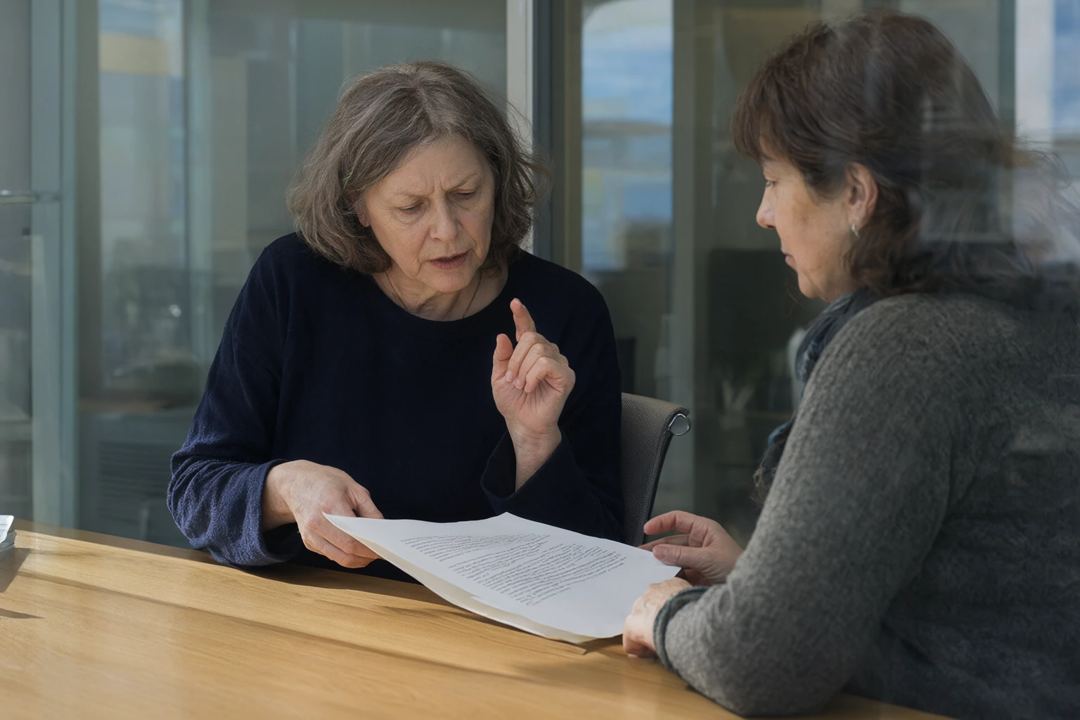 Two colleagues reviewing a printed document across a pale oak table, a glass-walled office behind them.