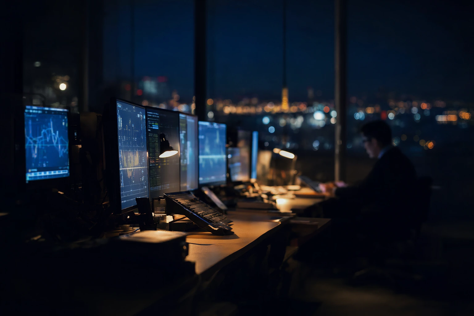 A trading floor workstation in low daylight: several monitors at an angle, a keyboard, a notebook and a phone, colleagues out of focus behind.