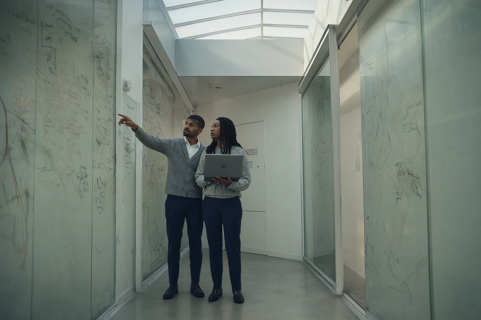 Two colleagues standing in a glass-walled corridor, one pointing at a wall covered in hand-drawn diagrams.